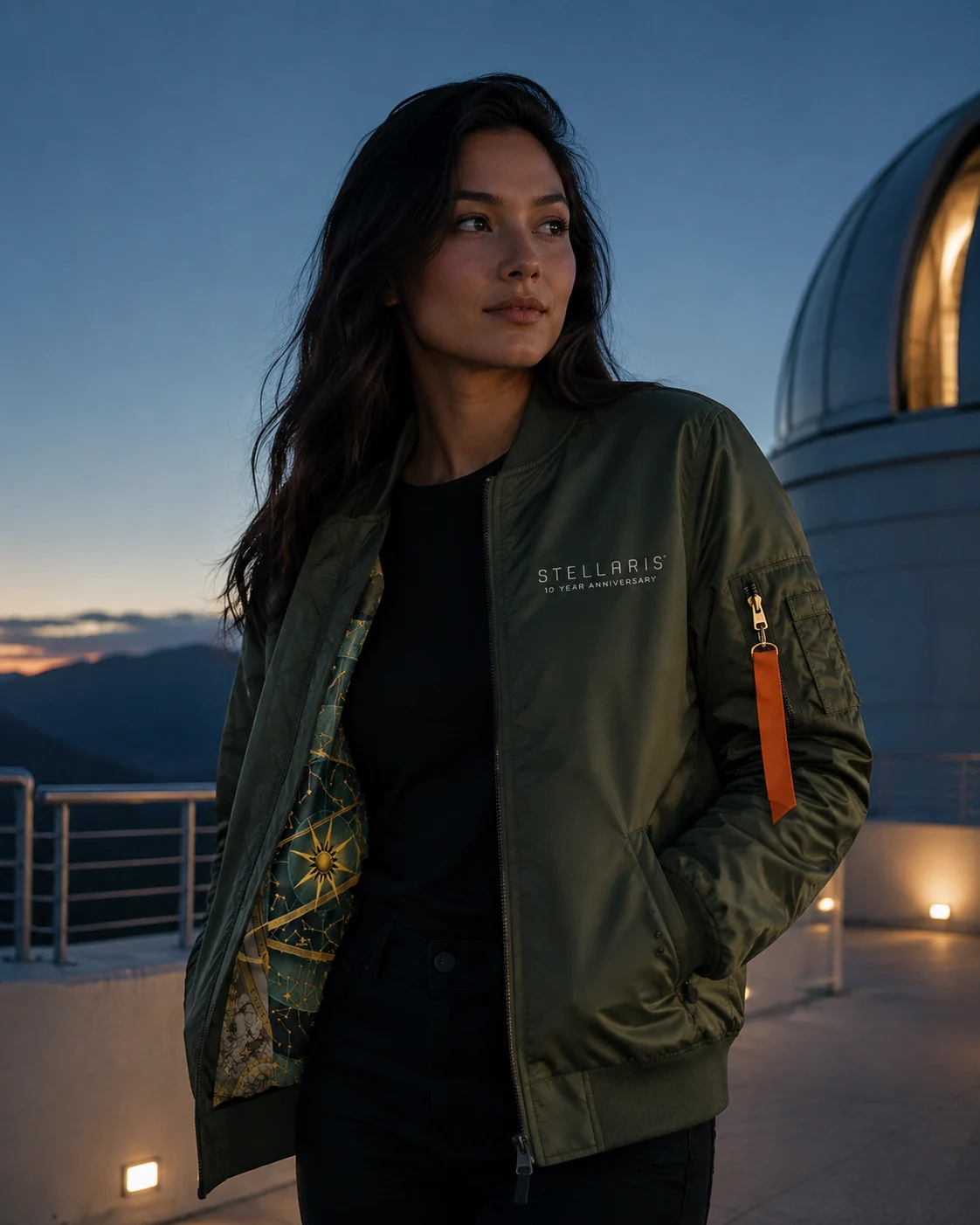 Stellaris anniversary bomber jacket at an observatory terrace