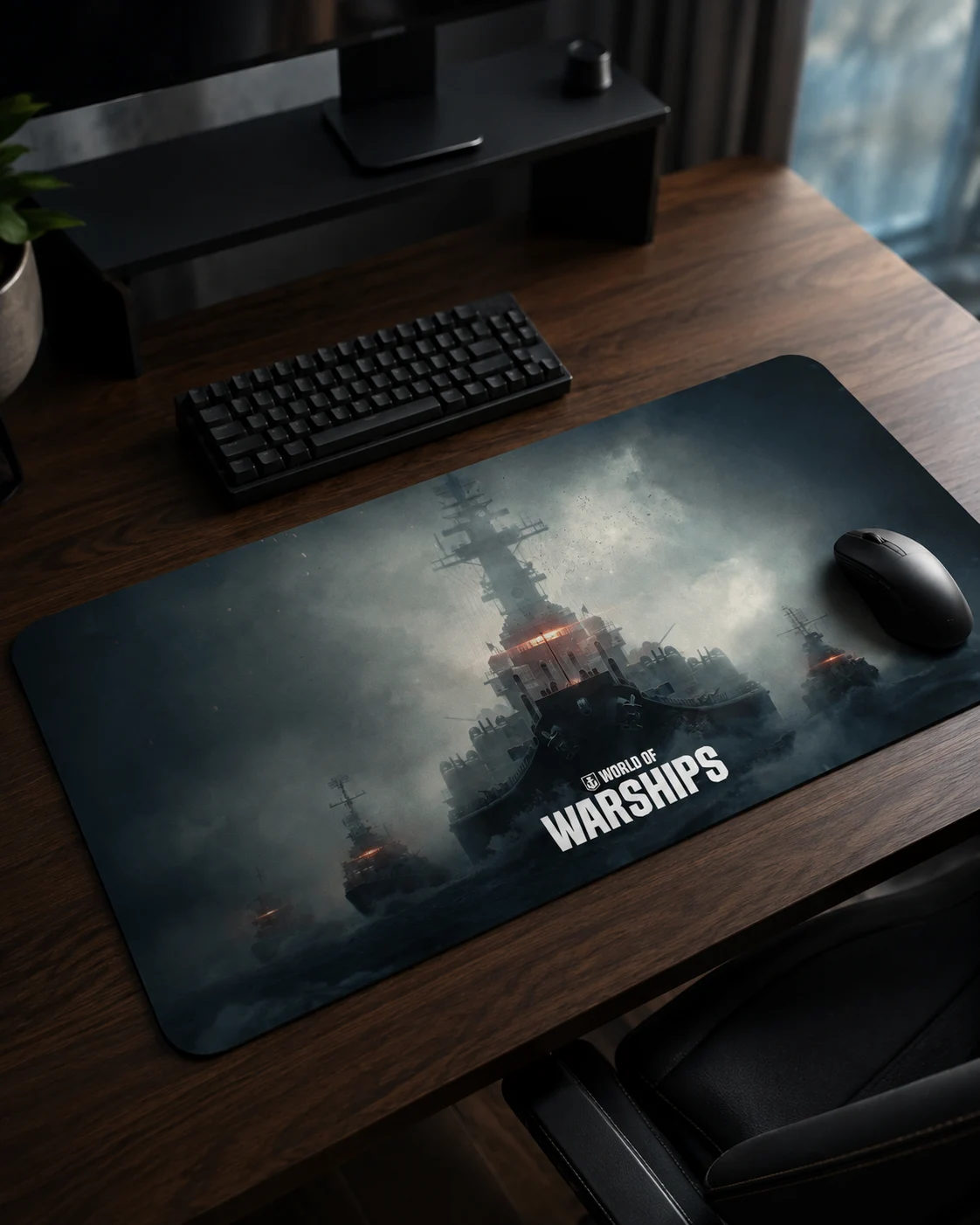 World of Warships desk mat in a home gaming setup